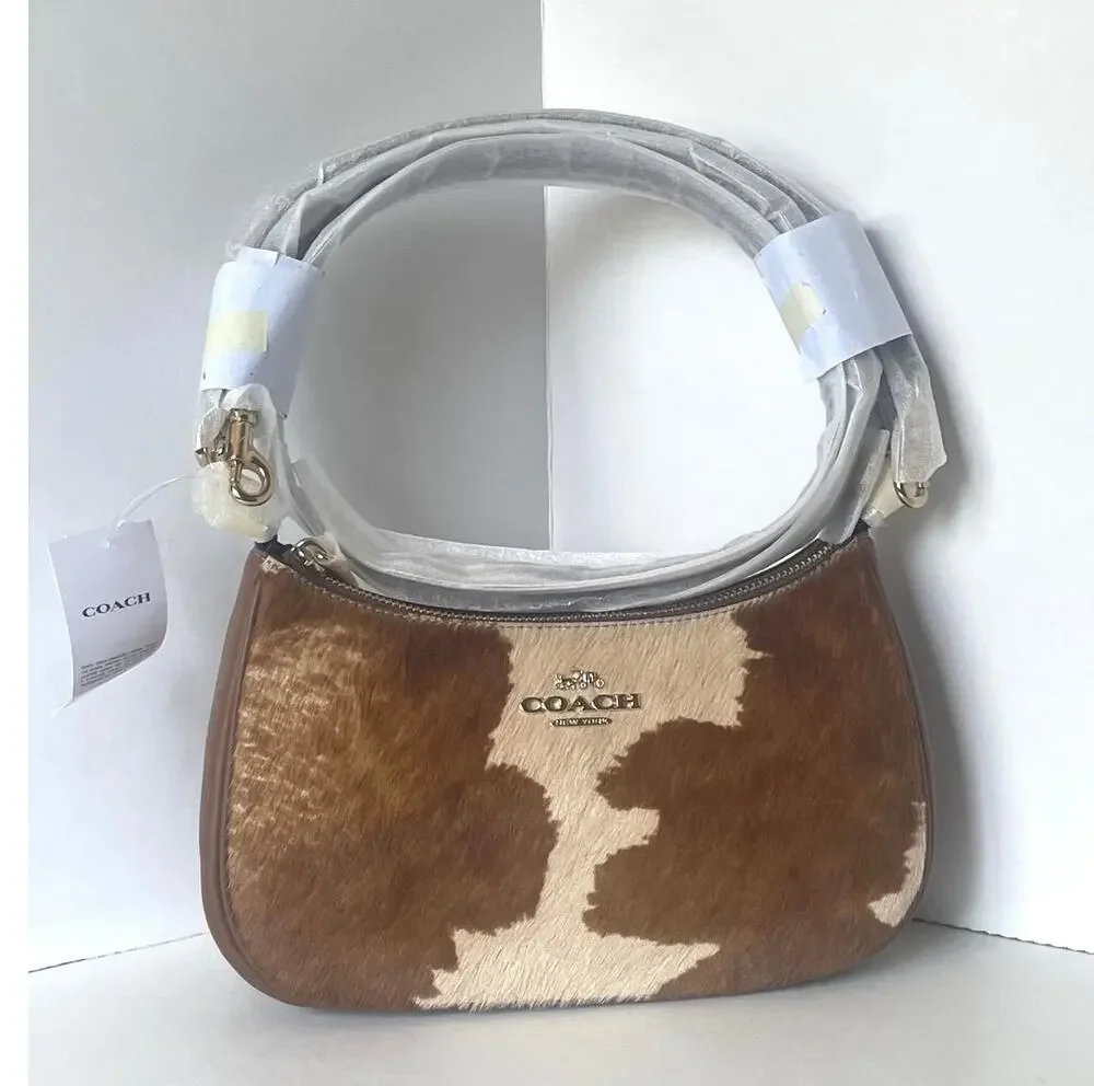 Coach Teri Shoulder Bag Haircalf Cow Print Brown Leather CDW45